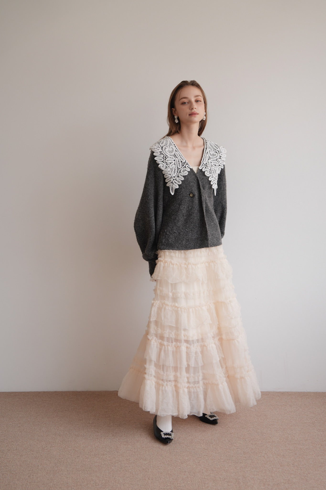 Acka. レースカラーニットカーディガン BK lace collar knit cardigan – Acka online store