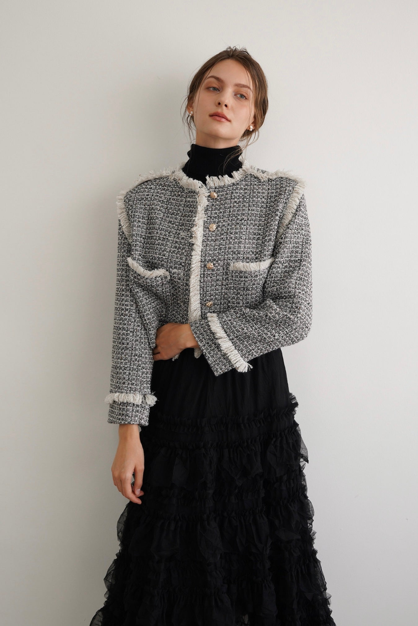 fringe tweed short jacket