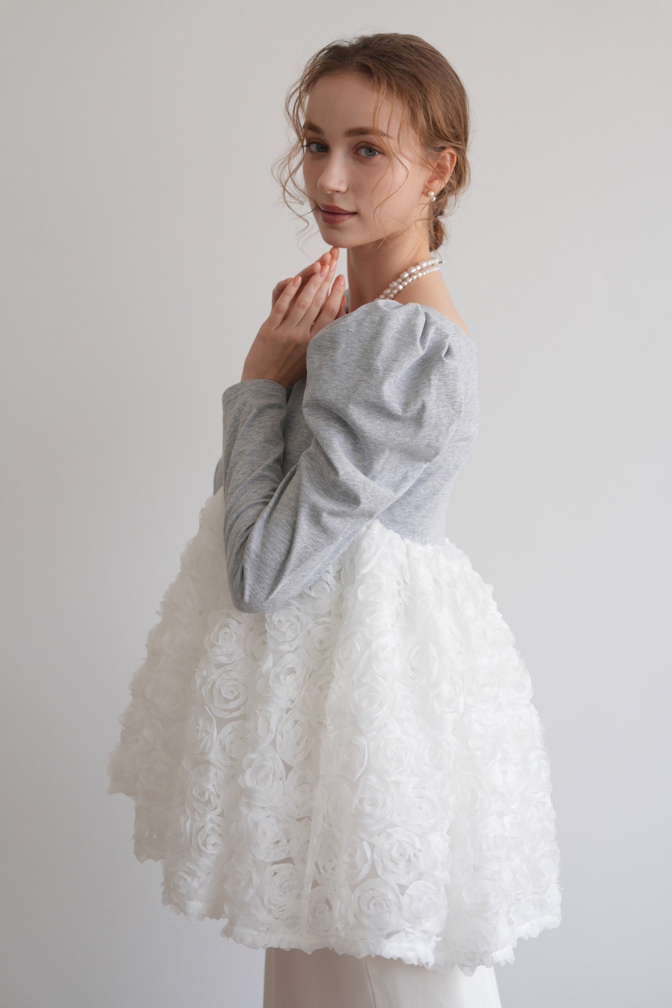 acka 3d rose puff tops 長袖ドット柄レースペプラム acka 3d rose puff tops 長袖ドット柄レースペプラム