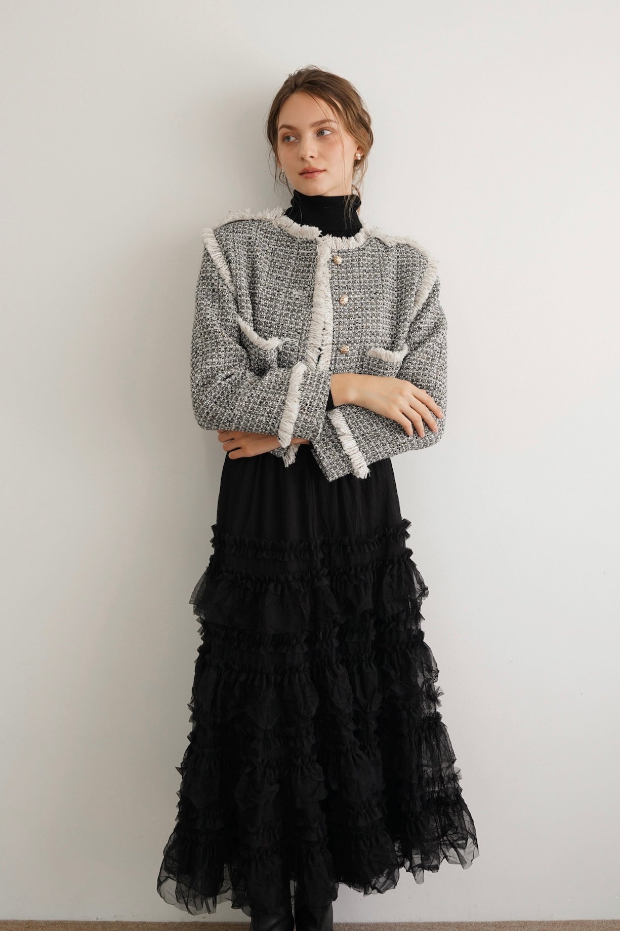 fringe tweed short jacket