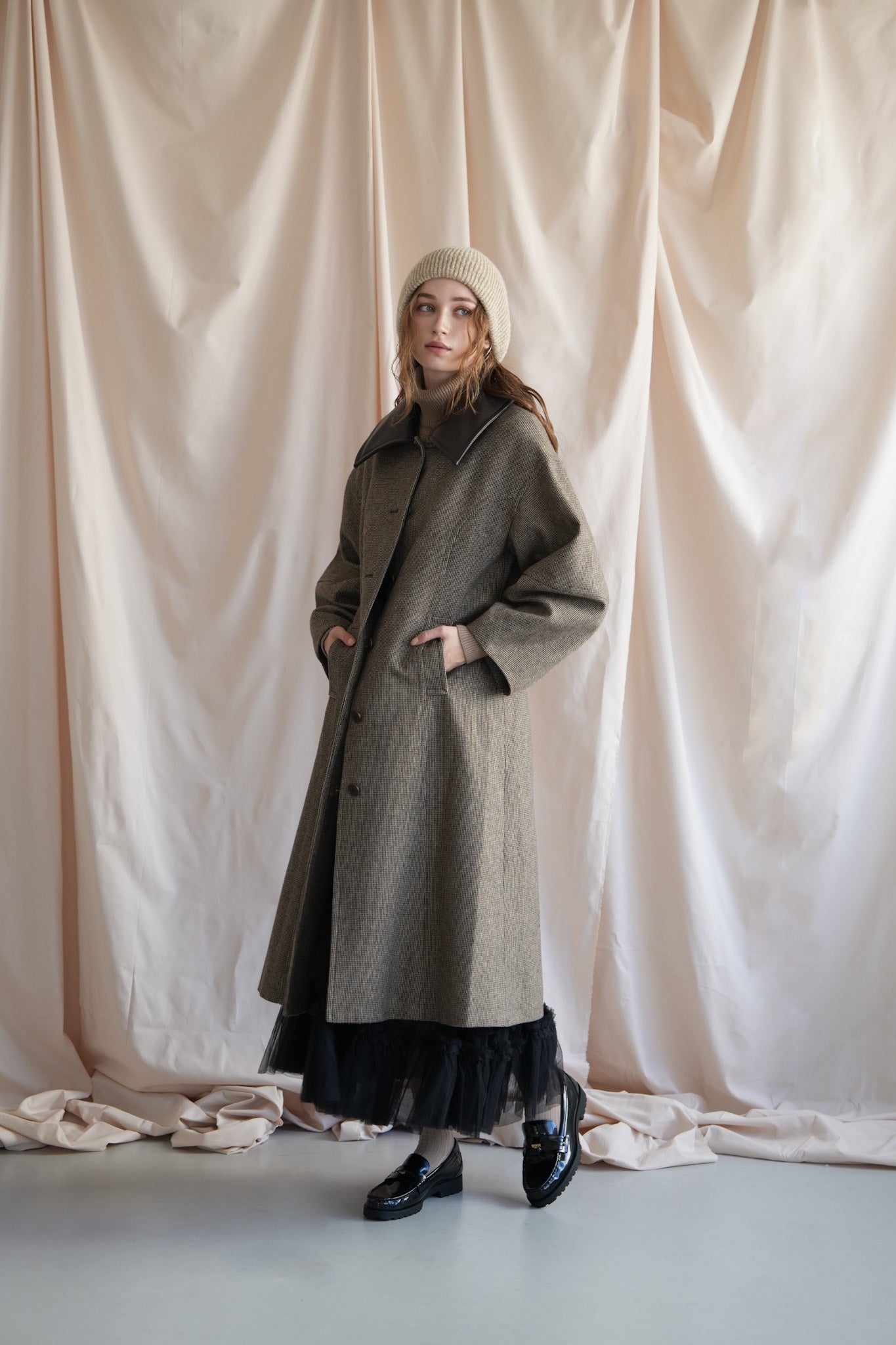 leather point check coat – Acka online store