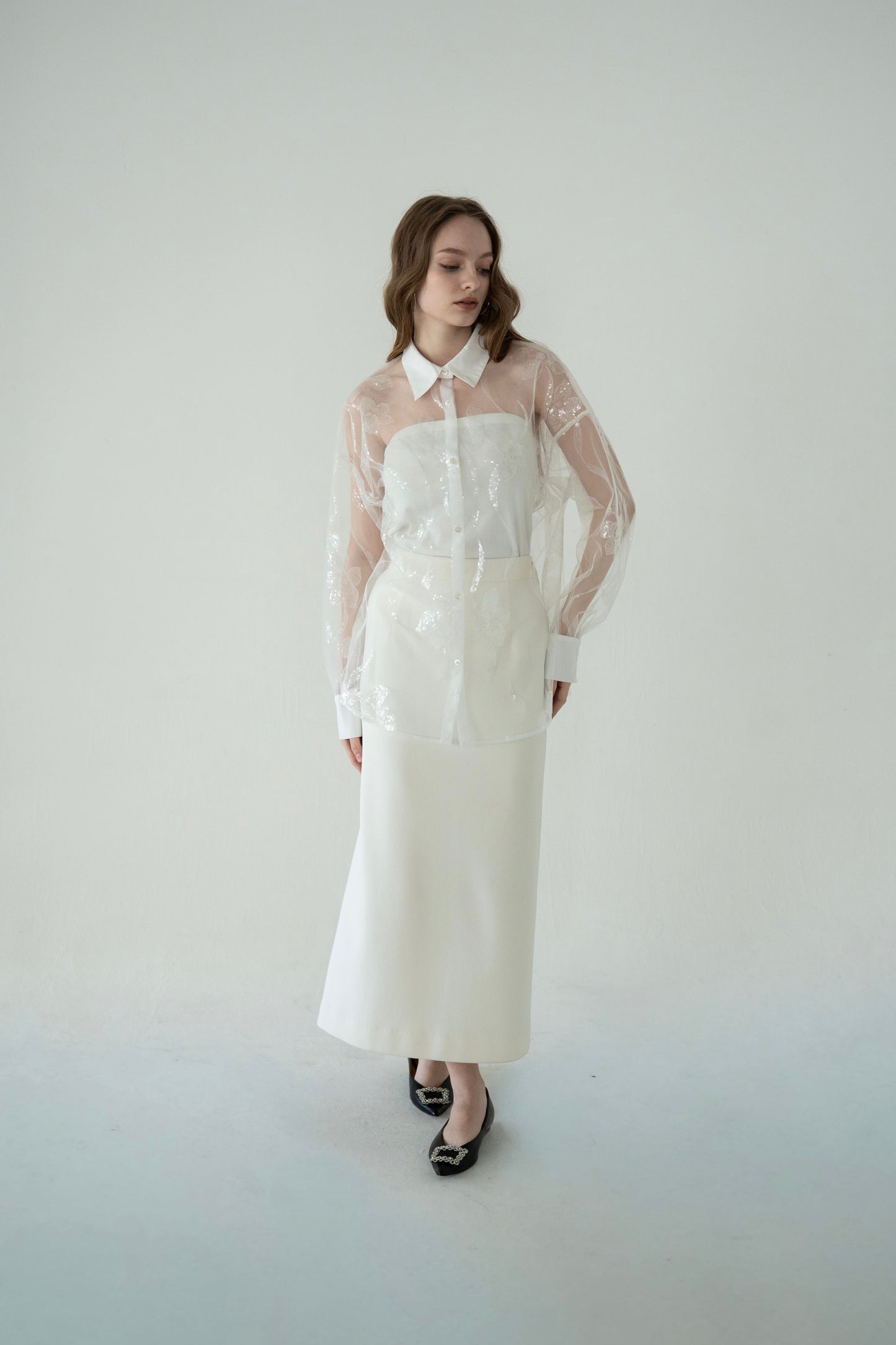 sequin flower sheer shirt