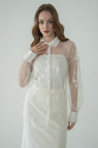 sequin flower sheer shirt