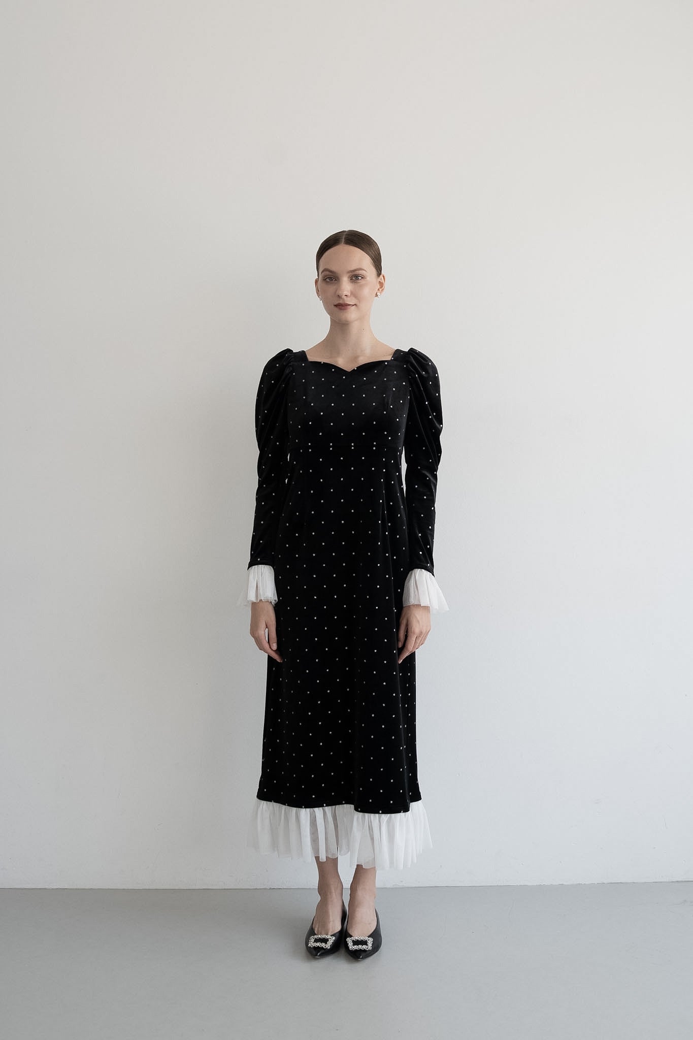 bijou dot velour frill dress – Acka online store