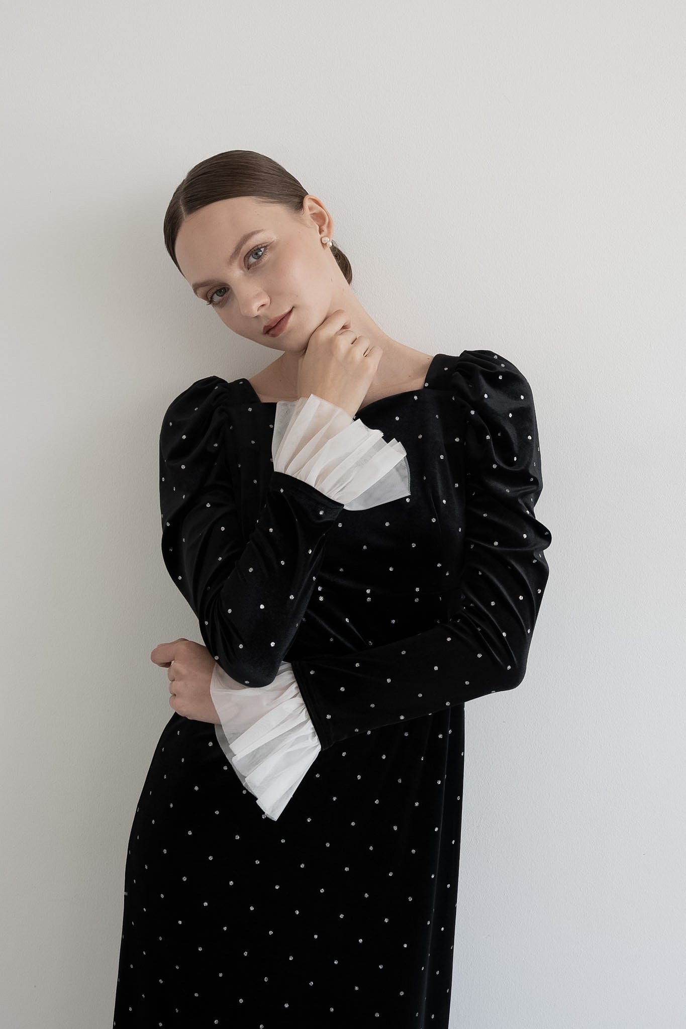 bijou dot velour frill dress