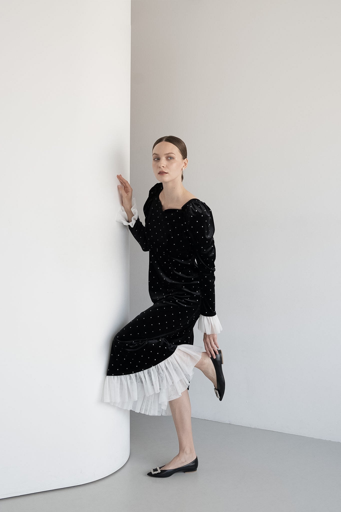 bijou dot velour frill dress